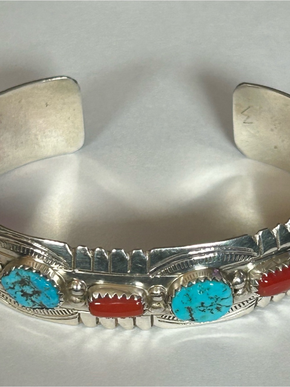 Sleeping Beauty Turquoise and Coral Native Sterling Silver Cuff Bracelet Signed